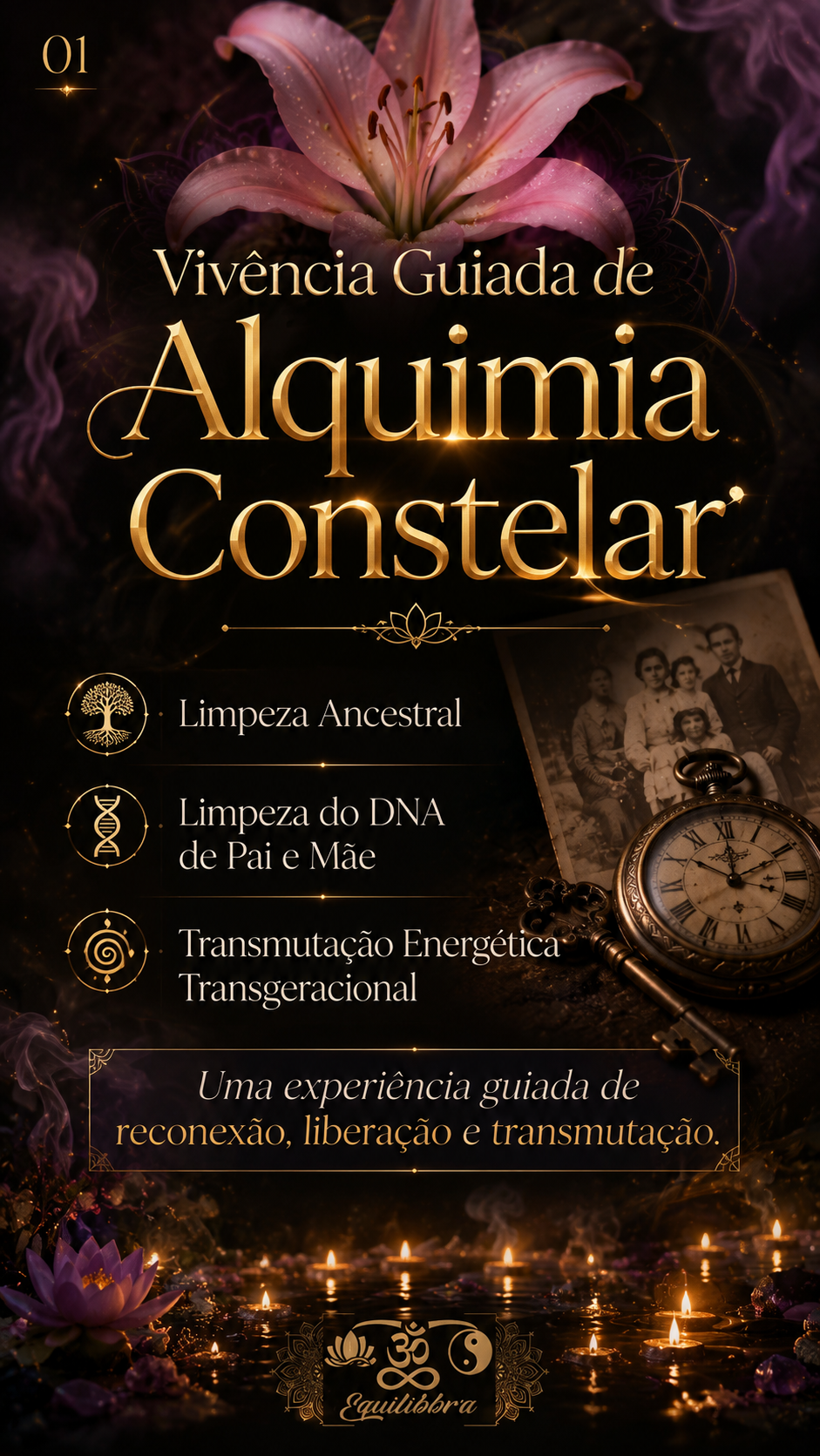 Cartaz da Vivência Guiada de Alquimia Constelar com lírio rosa, chave antiga e relógio, sobre fundo místico dourado e lilás.