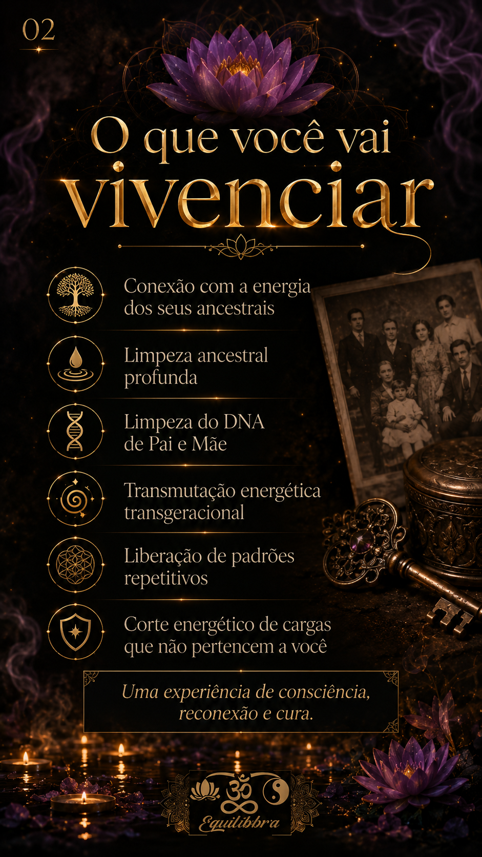 Peça visual ‘O que você vai vivenciar’ com lótus roxo, ícones dourados e retrato ancestral em sépia.